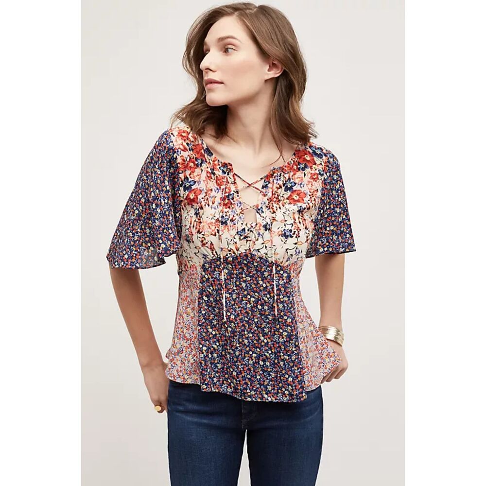 HD in Paris Anthropologie Palo Alto Blouse Red Motif Floral Boho Peasant Size 8